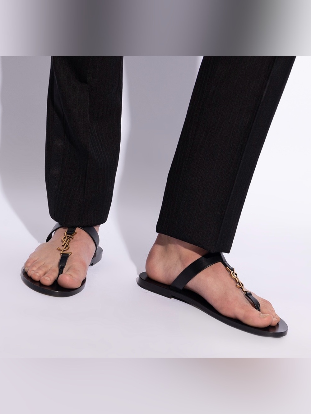 AUTHENTIC SAINT LAURENT Men Cassandre Leather Slides In Black - Size EU 42